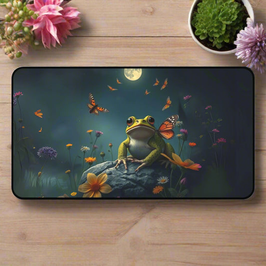 Medium-sized aesthetic desk mat with a dreamy cottagecore frog sitting on a rock at night, glowing butterflies overhead and floral meadow detail throughout.