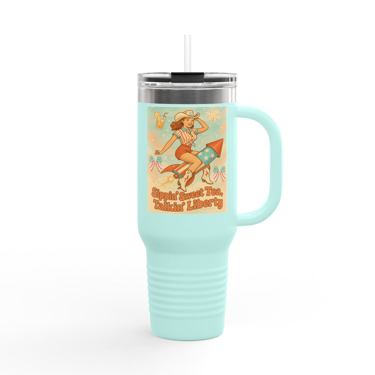 Personalized 4th of July Tumbler. Independence Day – “Sippin’ Sweet Tea, Talkin’ Liberty” – Custom Name – Amy’s Freedom Juice – Patriotic Cowgirl Rocket Design