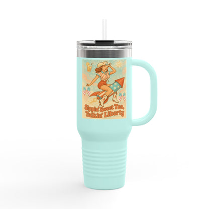 Personalized 4th of July Tumbler. Independence Day – “Sippin’ Sweet Tea, Talkin’ Liberty” – Custom Name – Amy’s Freedom Juice – Patriotic Cowgirl Rocket Design