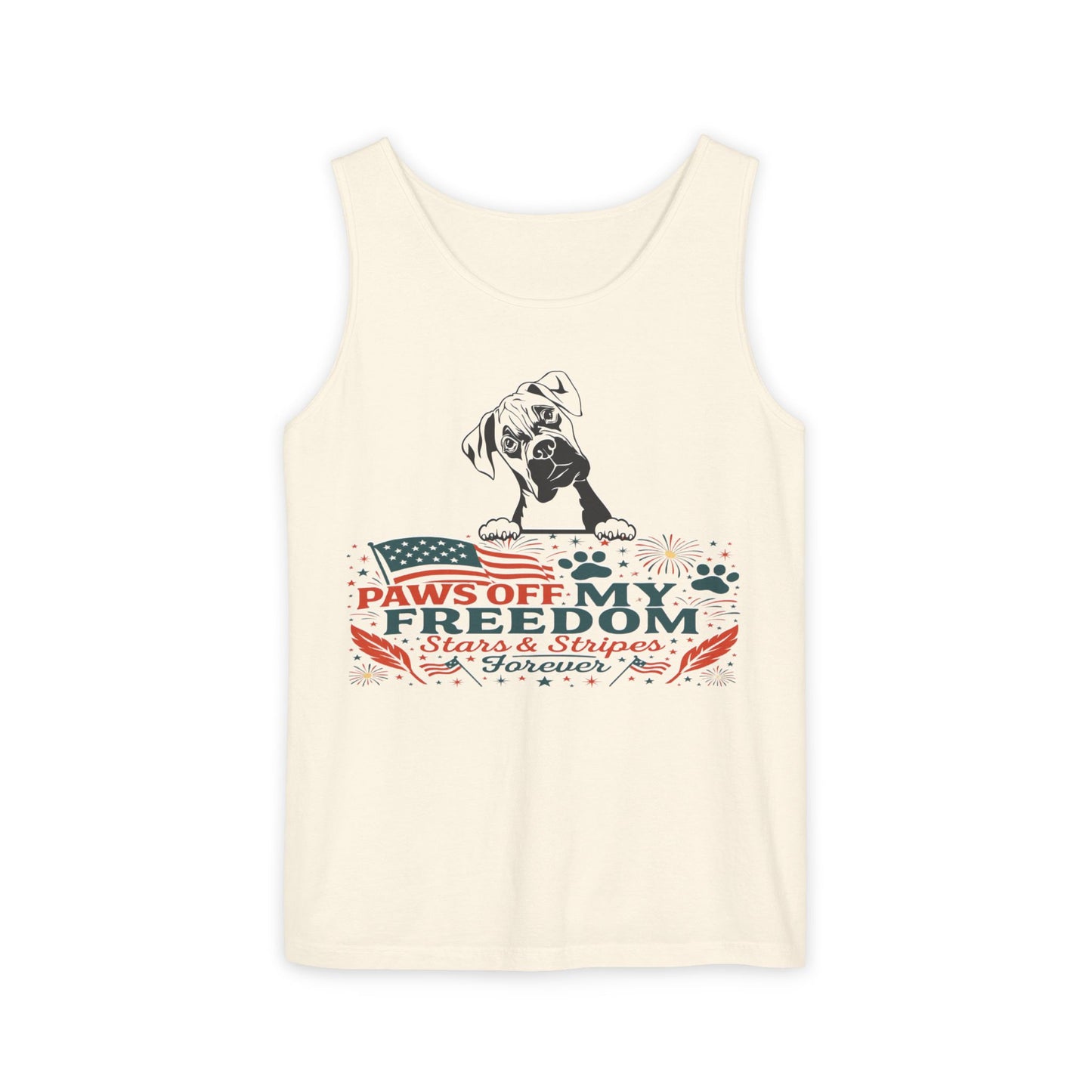 Paws Off My Freedom Tank Top, Patriotic Unisex Comfort Colors 4th of July Shirt, Stars & Stripes Summer, USA Tee, Patriotic Dog Lover, Summer Apparel, Fourth of July Shirt, Gift for Dog Owners, Animal Lover Clothing