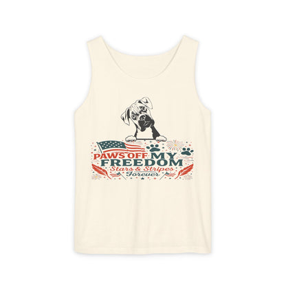 Paws Off My Freedom Tank Top, Patriotic Unisex Comfort Colors 4th of July Shirt, Stars & Stripes Summer, USA Tee, Patriotic Dog Lover, Summer Apparel, Fourth of July Shirt, Gift for Dog Owners, Animal Lover Clothing