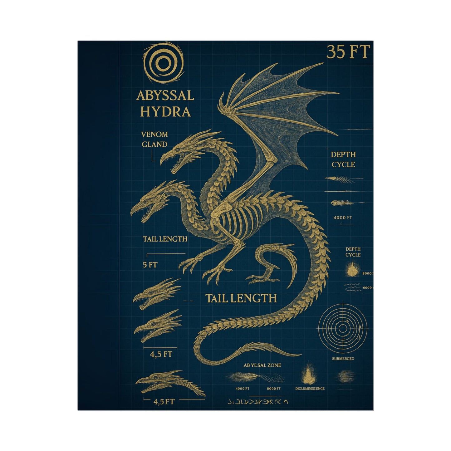 Abyssal Hydra Blueprint Wall Art, Mythical Dragon Anatomy Poster, Fantasy Sea Creature Decor, Steampunk Deep Sea Illustration, Gothic Nerd