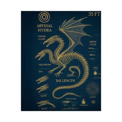 Abyssal Hydra Blueprint Wall Art, Mythical Dragon Anatomy Poster, Fantasy Sea Creature Decor, Steampunk Deep Sea Illustration, Gothic Nerd