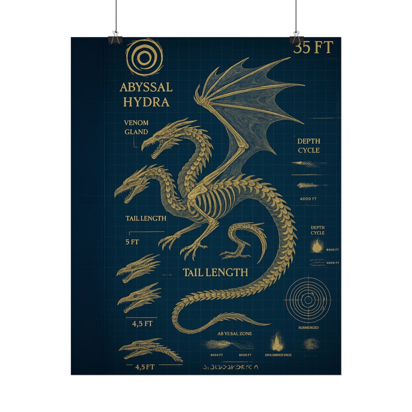Abyssal Hydra Blueprint Wall Art, Mythical Dragon Anatomy Poster, Fantasy Sea Creature Decor, Steampunk Deep Sea Illustration, Gothic Nerd