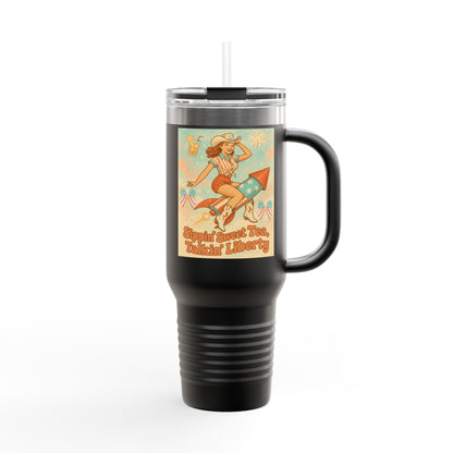 Personalized 4th of July Tumbler. Independence Day – “Sippin’ Sweet Tea, Talkin’ Liberty” – Custom Name – Amy’s Freedom Juice – Patriotic Cowgirl Rocket Design