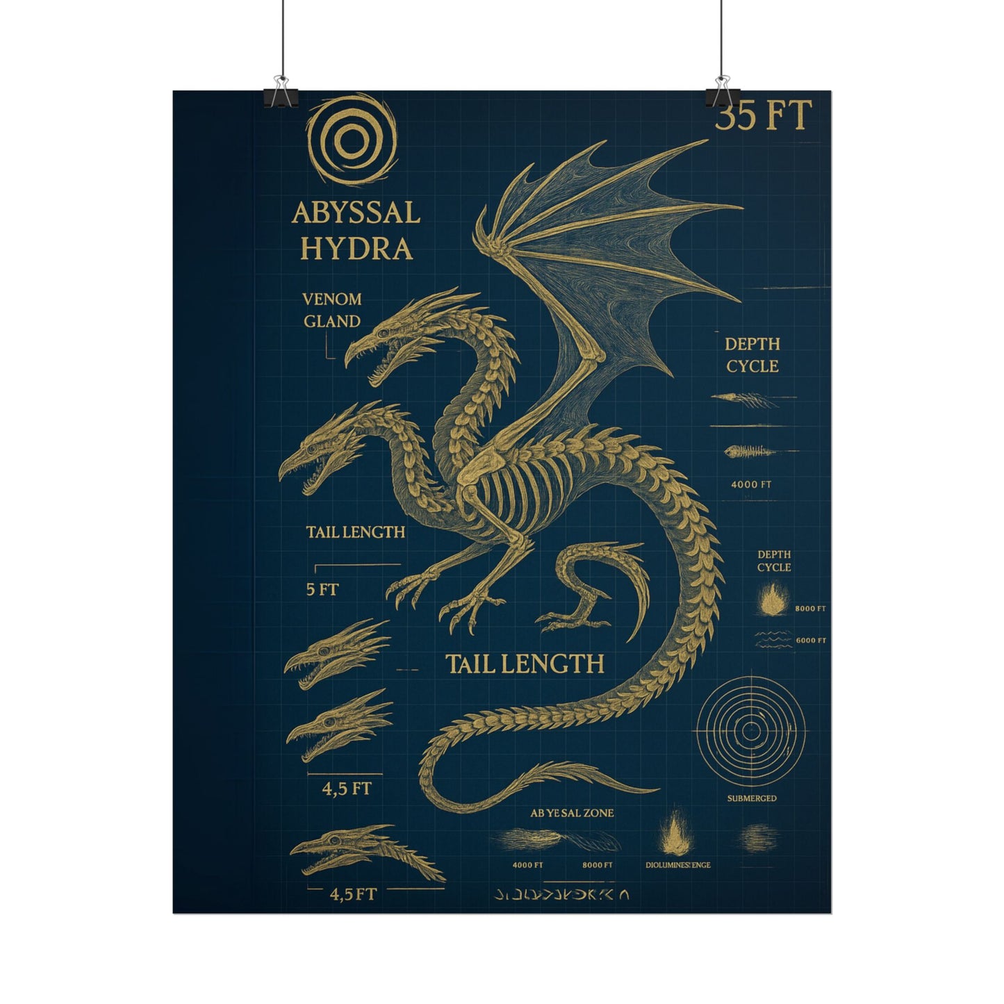 Abyssal Hydra Blueprint Wall Art, Mythical Dragon Anatomy Poster, Fantasy Sea Creature Decor, Steampunk Deep Sea Illustration, Gothic Nerd