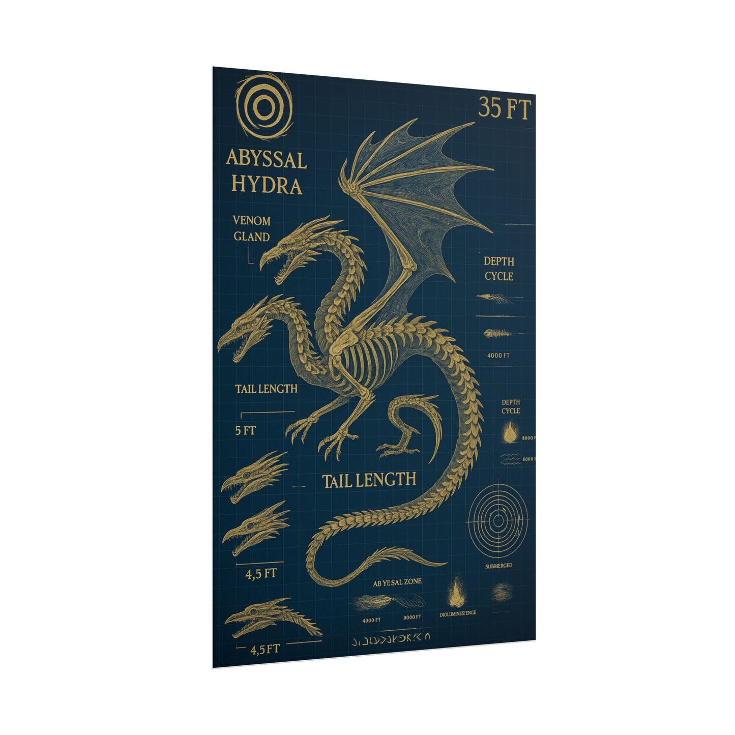 Abyssal Hydra Blueprint Wall Art, Mythical Dragon Anatomy Poster, Fantasy Sea Creature Decor, Steampunk Deep Sea Illustration, Gothic Nerd