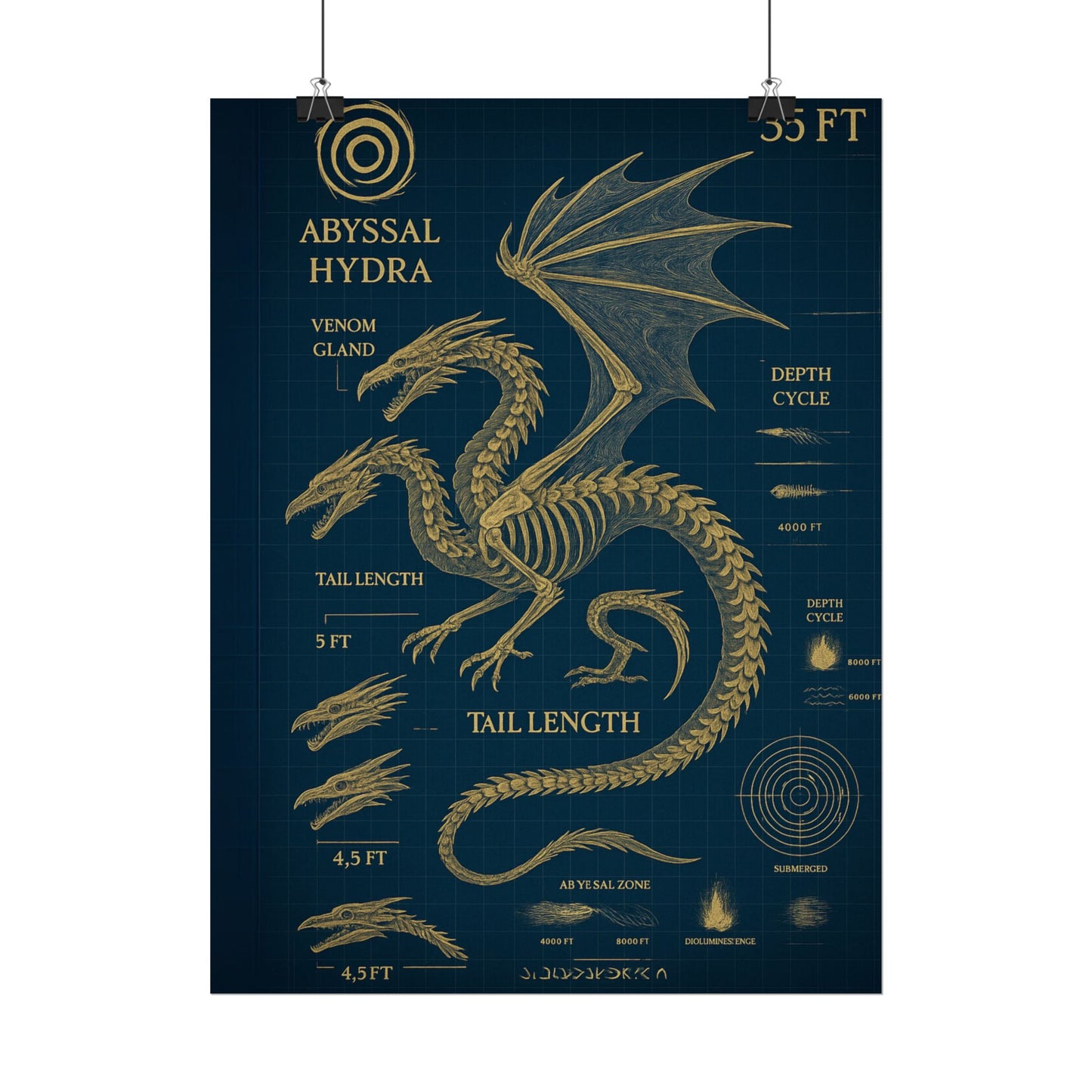 Abyssal Hydra Blueprint Wall Art, Mythical Dragon Anatomy Poster, Fantasy Sea Creature Decor, Steampunk Deep Sea Illustration, Gothic Nerd