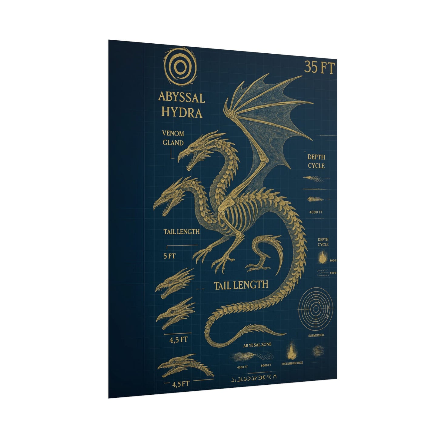 Abyssal Hydra Blueprint Wall Art, Mythical Dragon Anatomy Poster, Fantasy Sea Creature Decor, Steampunk Deep Sea Illustration, Gothic Nerd