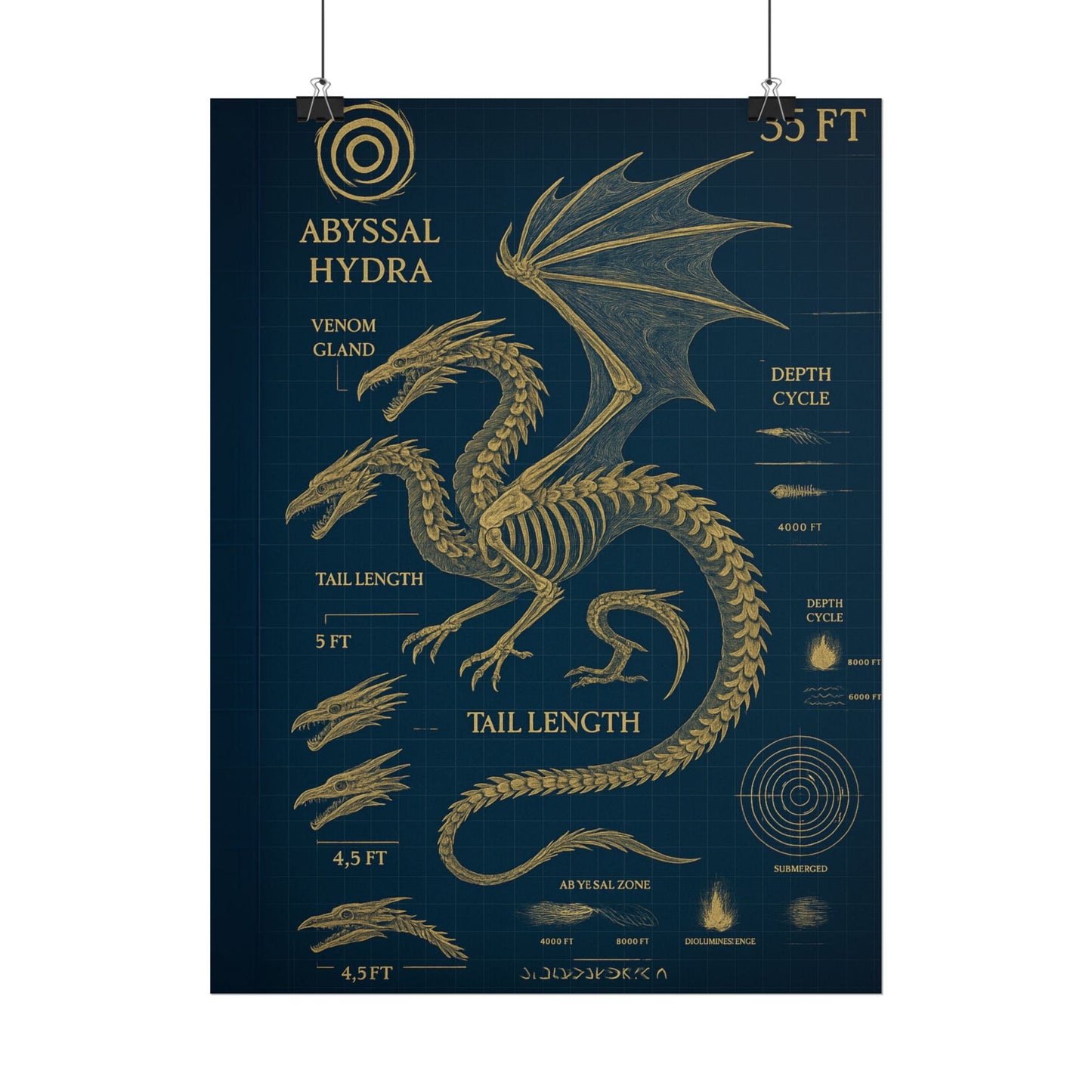 Abyssal Hydra Blueprint Wall Art, Mythical Dragon Anatomy Poster, Fantasy Sea Creature Decor, Steampunk Deep Sea Illustration, Gothic Nerd