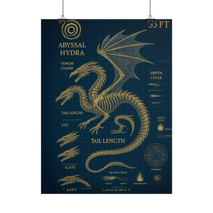Abyssal Hydra Blueprint Wall Art, Mythical Dragon Anatomy Poster, Fantasy Sea Creature Decor, Steampunk Deep Sea Illustration, Gothic Nerd