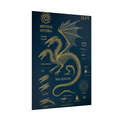 Abyssal Hydra Blueprint Wall Art, Mythical Dragon Anatomy Poster, Fantasy Sea Creature Decor, Steampunk Deep Sea Illustration, Gothic Nerd