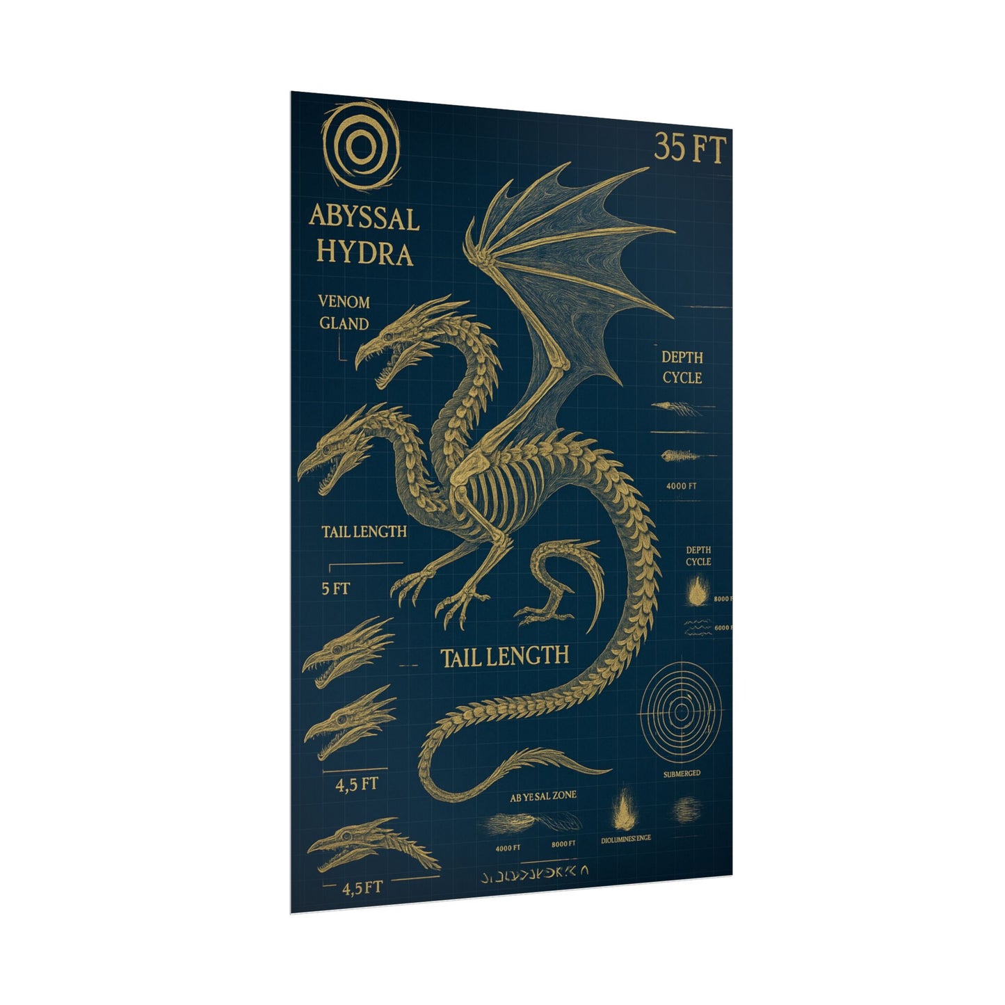 Abyssal Hydra Blueprint Wall Art, Mythical Dragon Anatomy Poster, Fantasy Sea Creature Decor, Steampunk Deep Sea Illustration, Gothic Nerd