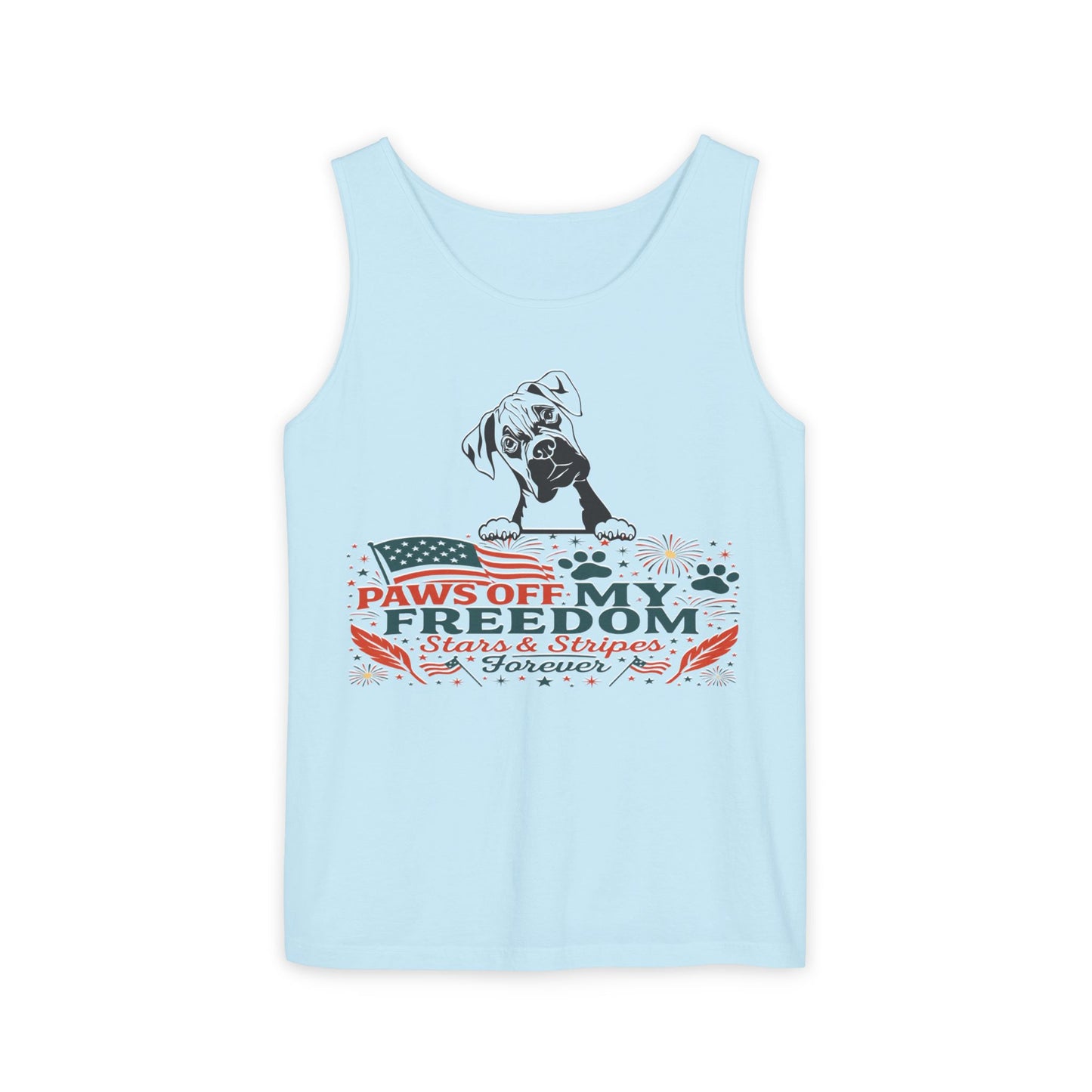 Paws Off My Freedom Tank Top, Patriotic Unisex Comfort Colors 4th of July Shirt, Stars & Stripes Summer, USA Tee, Patriotic Dog Lover, Summer Apparel, Fourth of July Shirt, Gift for Dog Owners, Animal Lover Clothing