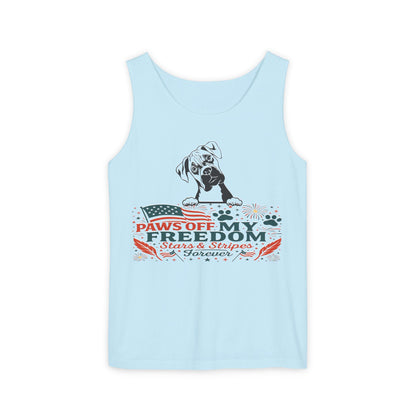 Paws Off My Freedom Tank Top, Patriotic Unisex Comfort Colors 4th of July Shirt, Stars & Stripes Summer, USA Tee, Patriotic Dog Lover, Summer Apparel, Fourth of July Shirt, Gift for Dog Owners, Animal Lover Clothing