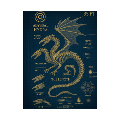 Abyssal Hydra Blueprint Wall Art, Mythical Dragon Anatomy Poster, Fantasy Sea Creature Decor, Steampunk Deep Sea Illustration, Gothic Nerd