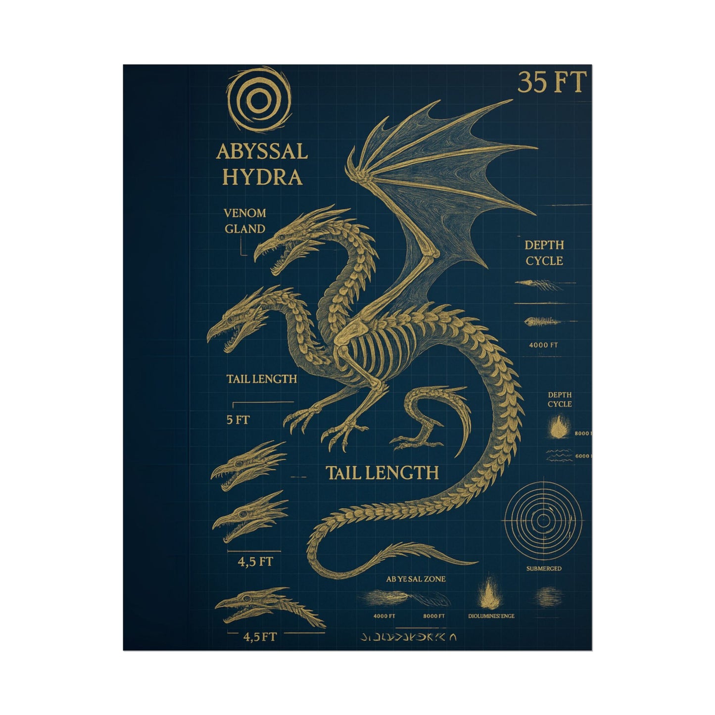 Abyssal Hydra Blueprint Wall Art, Mythical Dragon Anatomy Poster, Fantasy Sea Creature Decor, Steampunk Deep Sea Illustration, Gothic Nerd