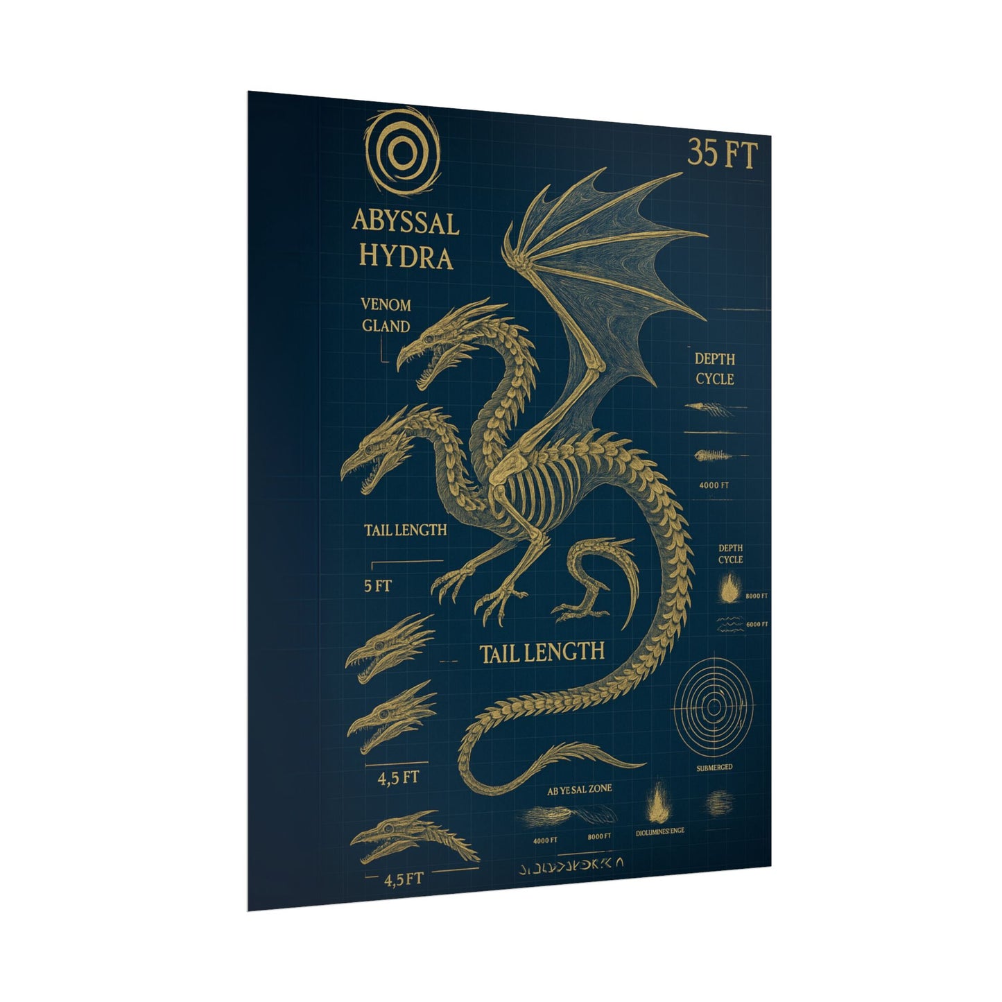 Abyssal Hydra Blueprint Wall Art, Mythical Dragon Anatomy Poster, Fantasy Sea Creature Decor, Steampunk Deep Sea Illustration, Gothic Nerd