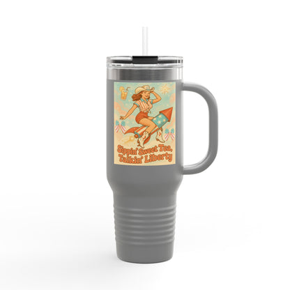Personalized 4th of July Tumbler. Independence Day – “Sippin’ Sweet Tea, Talkin’ Liberty” – Custom Name – Amy’s Freedom Juice – Patriotic Cowgirl Rocket Design