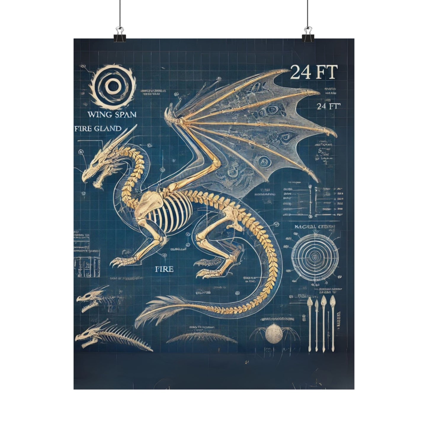 Dragon Blueprint Wall Art, Fire-Breathing Fantasy Anatomy Poster, Mythical Creature Skeleton Print, Gothic Steampunk, Gamers, Collectors