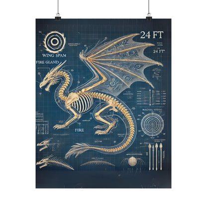 Dragon Blueprint Wall Art, Fire-Breathing Fantasy Anatomy Poster, Mythical Creature Skeleton Print, Gothic Steampunk, Gamers, Collectors