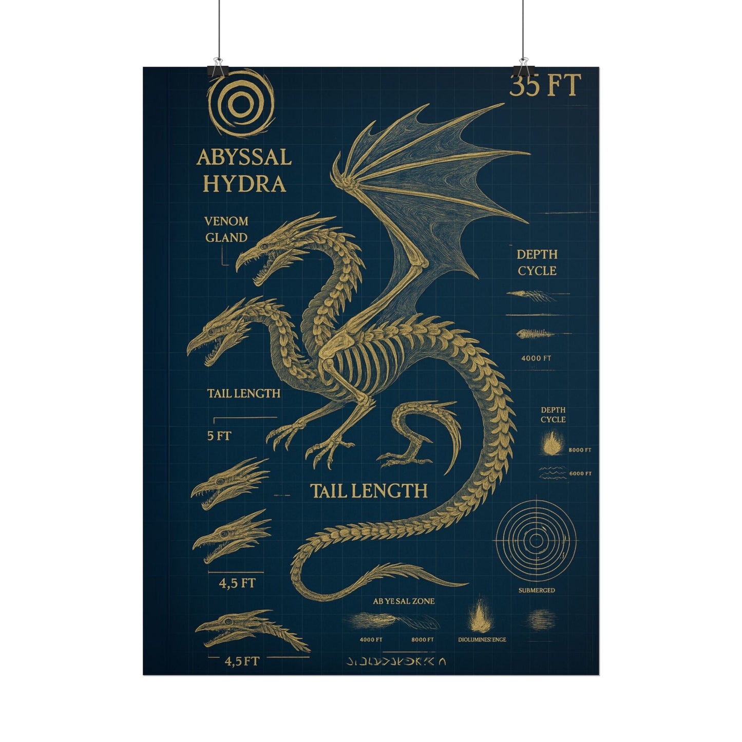 Abyssal Hydra Blueprint Wall Art, Mythical Dragon Anatomy Poster, Fantasy Sea Creature Decor, Steampunk Deep Sea Illustration, Gothic Nerd