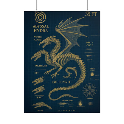 Abyssal Hydra Blueprint Wall Art, Mythical Dragon Anatomy Poster, Fantasy Sea Creature Decor, Steampunk Deep Sea Illustration, Gothic Nerd
