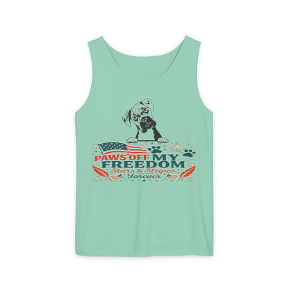 Paws Off My Freedom Tank Top, Patriotic Unisex Comfort Colors 4th of July Shirt, Stars & Stripes Summer, USA Tee, Patriotic Dog Lover, Summer Apparel, Fourth of July Shirt, Gift for Dog Owners, Animal Lover Clothing