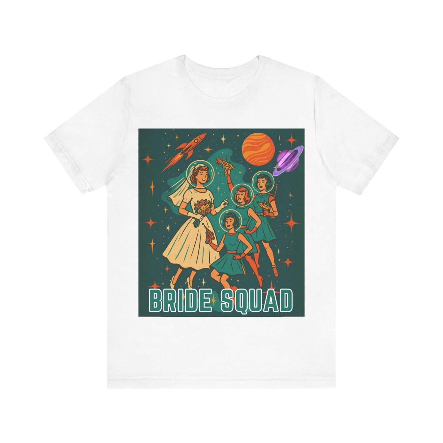 Retro Space Bride Squad Shirt – 1960s Sci-Fi Bachelorette Tee, Vintage Bridal Party T-Shirt, Outer Space Wedding Gift, Galaxy Bride Crew Outfit