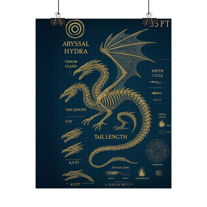Abyssal Hydra Blueprint Wall Art, Mythical Dragon Anatomy Poster, Fantasy Sea Creature Decor, Steampunk Deep Sea Illustration, Gothic Nerd