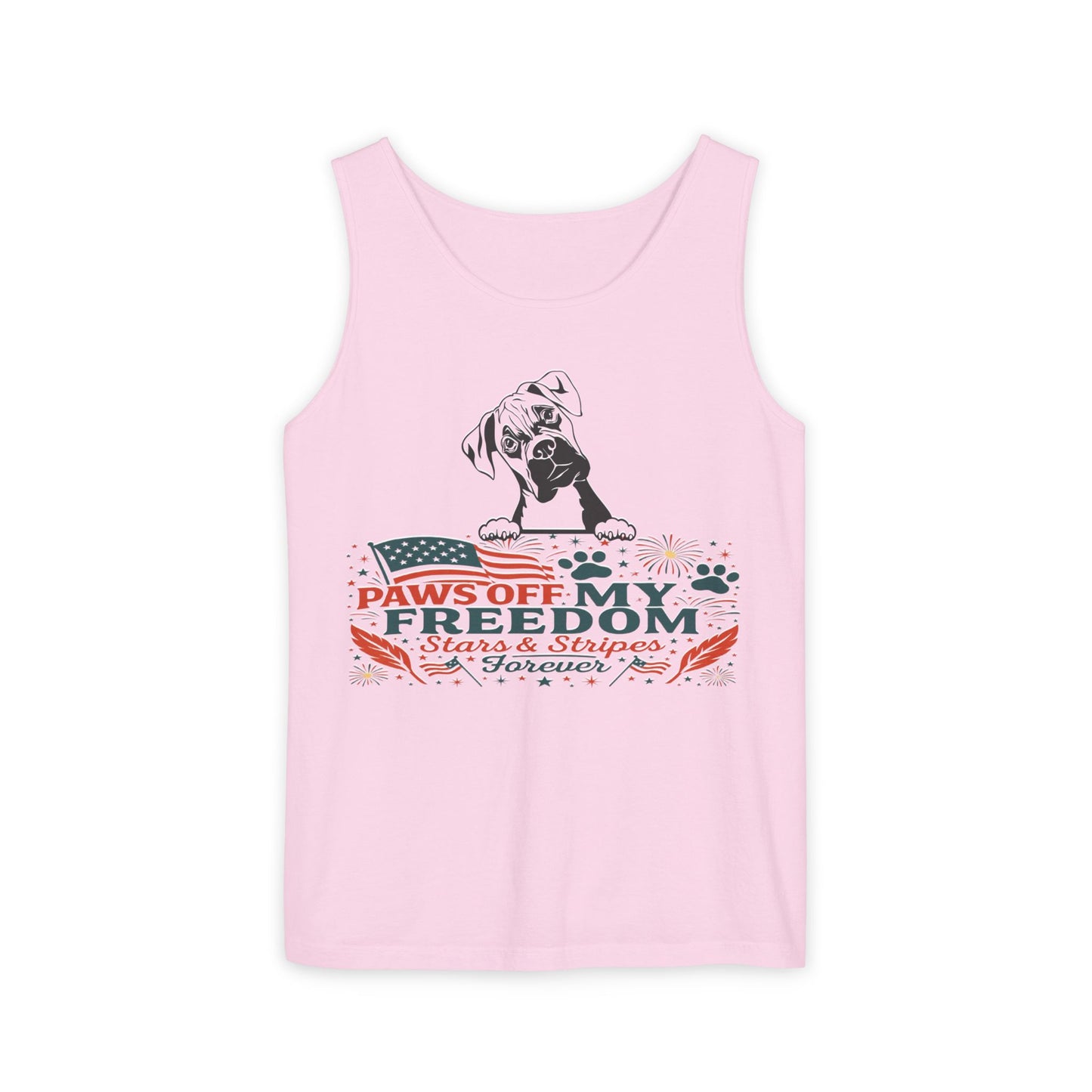 Paws Off My Freedom Tank Top, Patriotic Unisex Comfort Colors 4th of July Shirt, Stars & Stripes Summer, USA Tee, Patriotic Dog Lover, Summer Apparel, Fourth of July Shirt, Gift for Dog Owners, Animal Lover Clothing