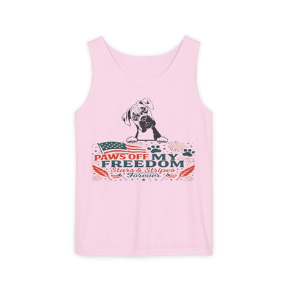 Paws Off My Freedom Tank Top, Patriotic Unisex Comfort Colors 4th of July Shirt, Stars & Stripes Summer, USA Tee, Patriotic Dog Lover, Summer Apparel, Fourth of July Shirt, Gift for Dog Owners, Animal Lover Clothing