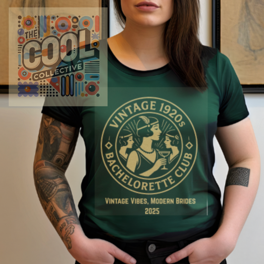 A retro-style unisex t-shirt featuring a 1920s flapper-inspired design for bachelorette parties. Perfect for bridesmaids and vintage-themed bridal celebrations.