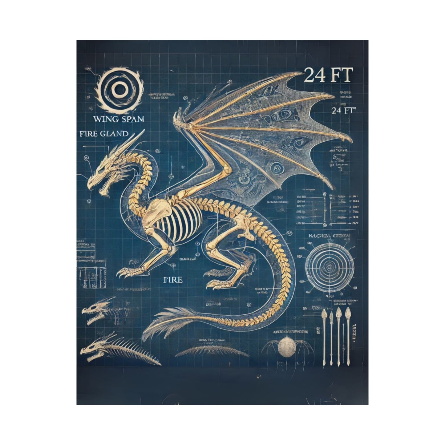 Dragon Blueprint Wall Art, Fire-Breathing Fantasy Anatomy Poster, Mythical Creature Skeleton Print, Gothic Steampunk, Gamers, Collectors