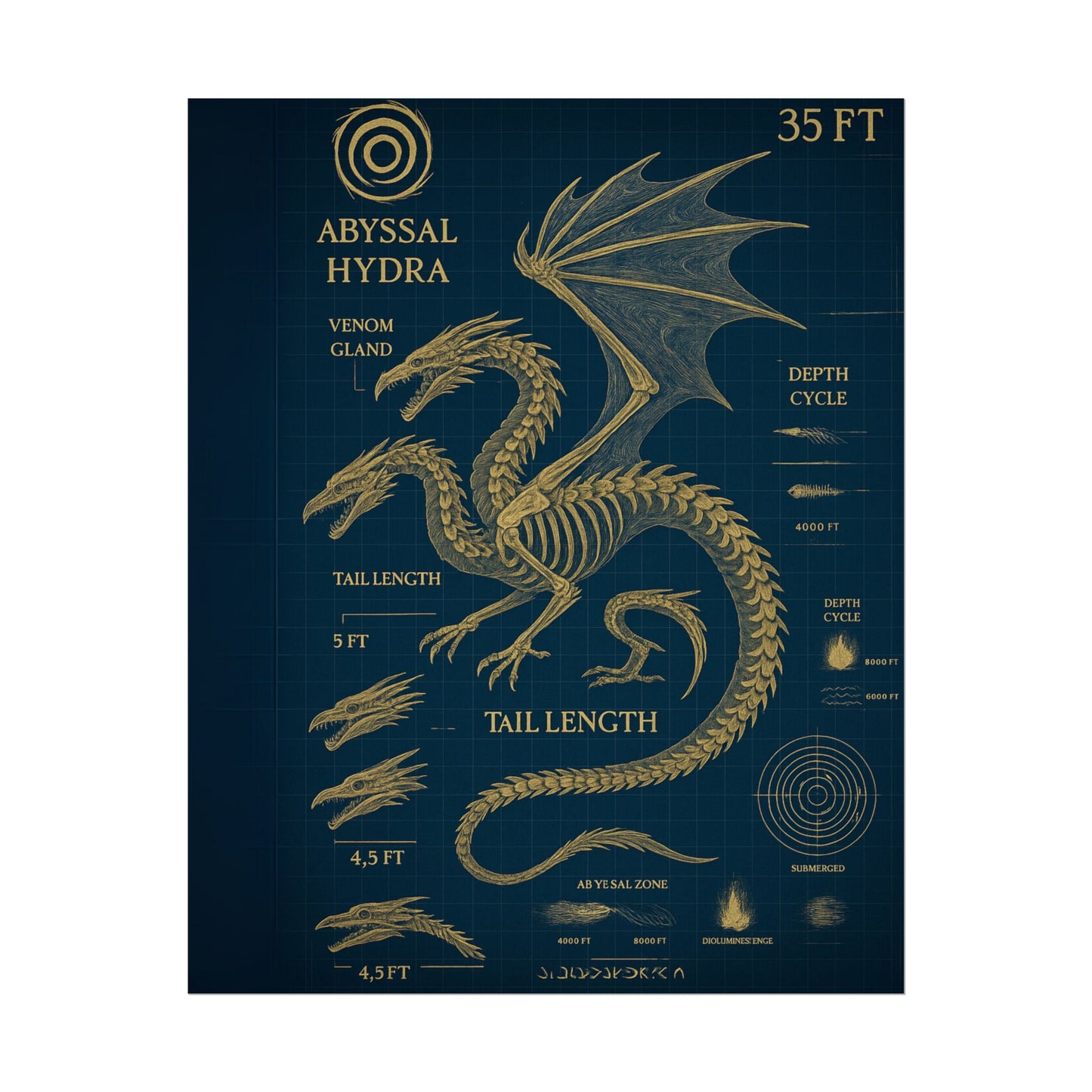 Abyssal Hydra Blueprint Wall Art, Mythical Dragon Anatomy Poster, Fantasy Sea Creature Decor, Steampunk Deep Sea Illustration, Gothic Nerd