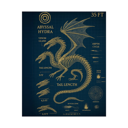 Abyssal Hydra Blueprint Wall Art, Mythical Dragon Anatomy Poster, Fantasy Sea Creature Decor, Steampunk Deep Sea Illustration, Gothic Nerd