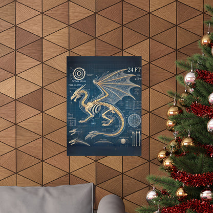 Dragon Blueprint Wall Art, Fire-Breathing Fantasy Anatomy Poster, Mythical Creature Skeleton Print, Gothic Steampunk, Gamers, Collectors