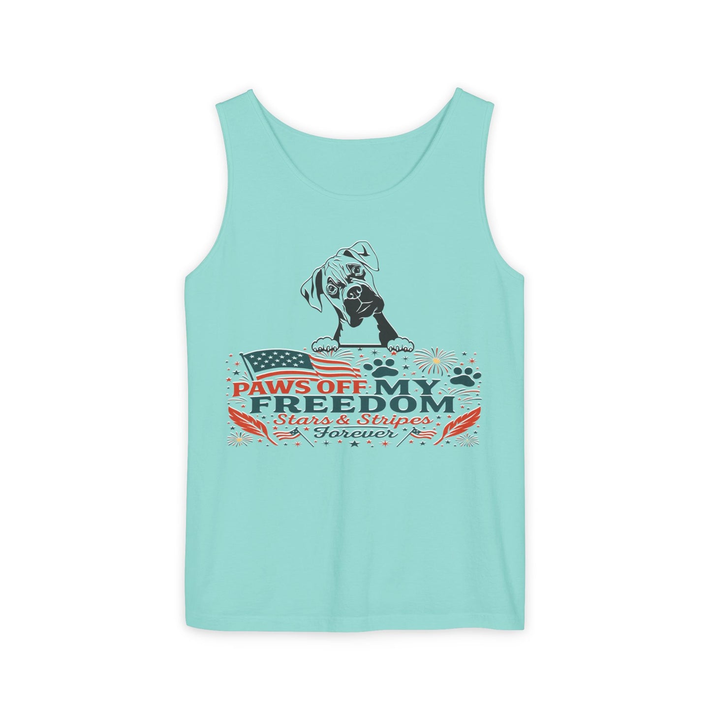 Paws Off My Freedom Tank Top, Patriotic Unisex Comfort Colors 4th of July Shirt, Stars & Stripes Summer, USA Tee, Patriotic Dog Lover, Summer Apparel, Fourth of July Shirt, Gift for Dog Owners, Animal Lover Clothing