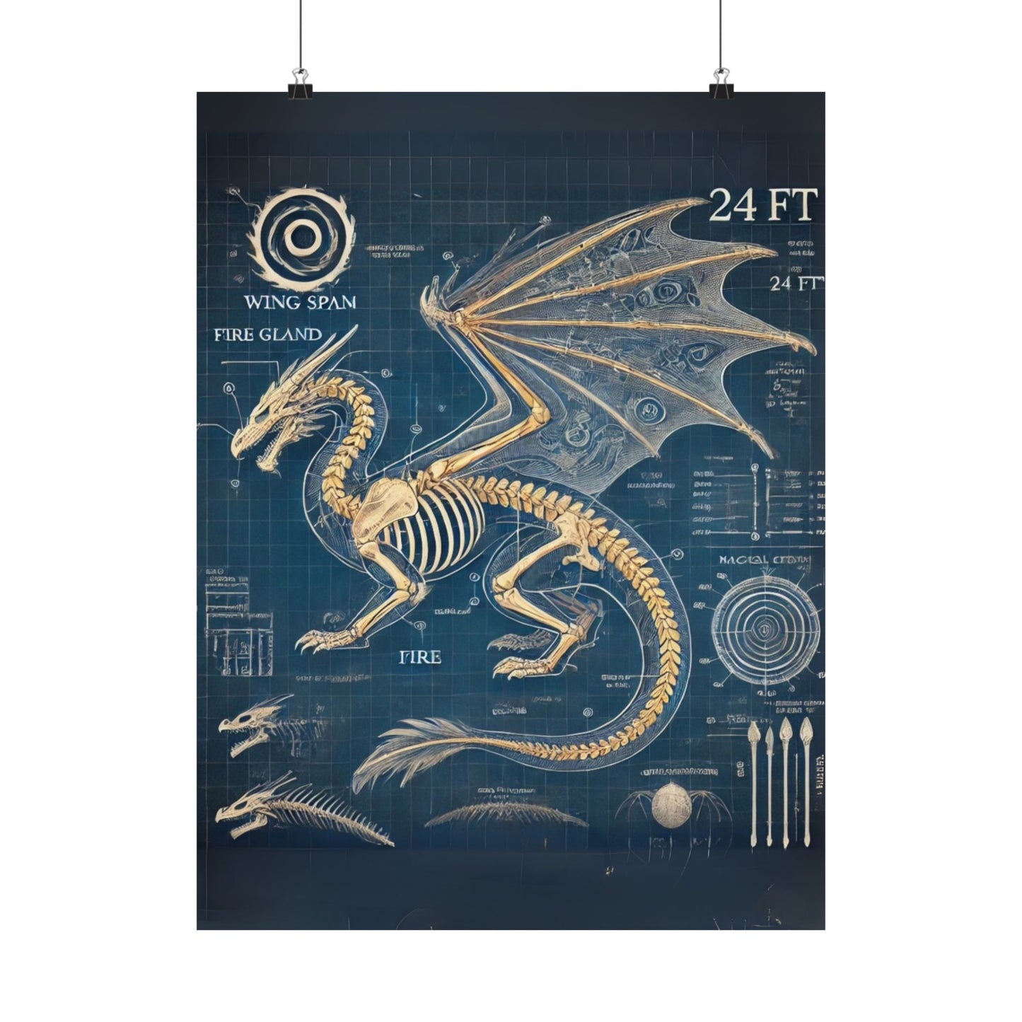 Dragon Blueprint Wall Art, Fire-Breathing Fantasy Anatomy Poster, Mythical Creature Skeleton Print, Gothic Steampunk, Gamers, Collectors