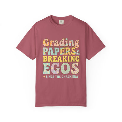 Grading Papers & Breaking Egos T-Shirt – Earthy Retro Teacher Shirt – Leopard Print, Stars, Chalk Era Quote – Trendy Teacher Gift