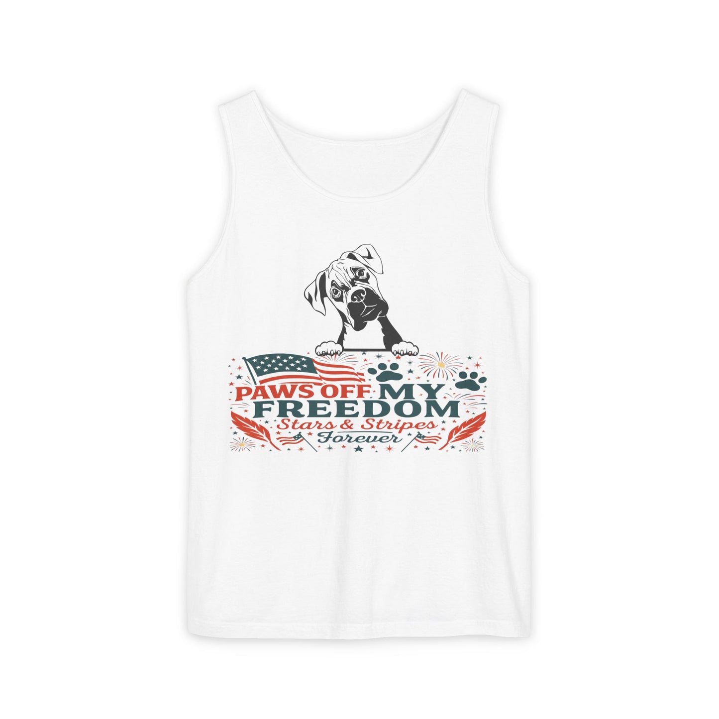 Paws Off My Freedom Tank Top, Patriotic Unisex Comfort Colors 4th of July Shirt, Stars & Stripes Summer, USA Tee, Patriotic Dog Lover, Summer Apparel, Fourth of July Shirt, Gift for Dog Owners, Animal Lover Clothing