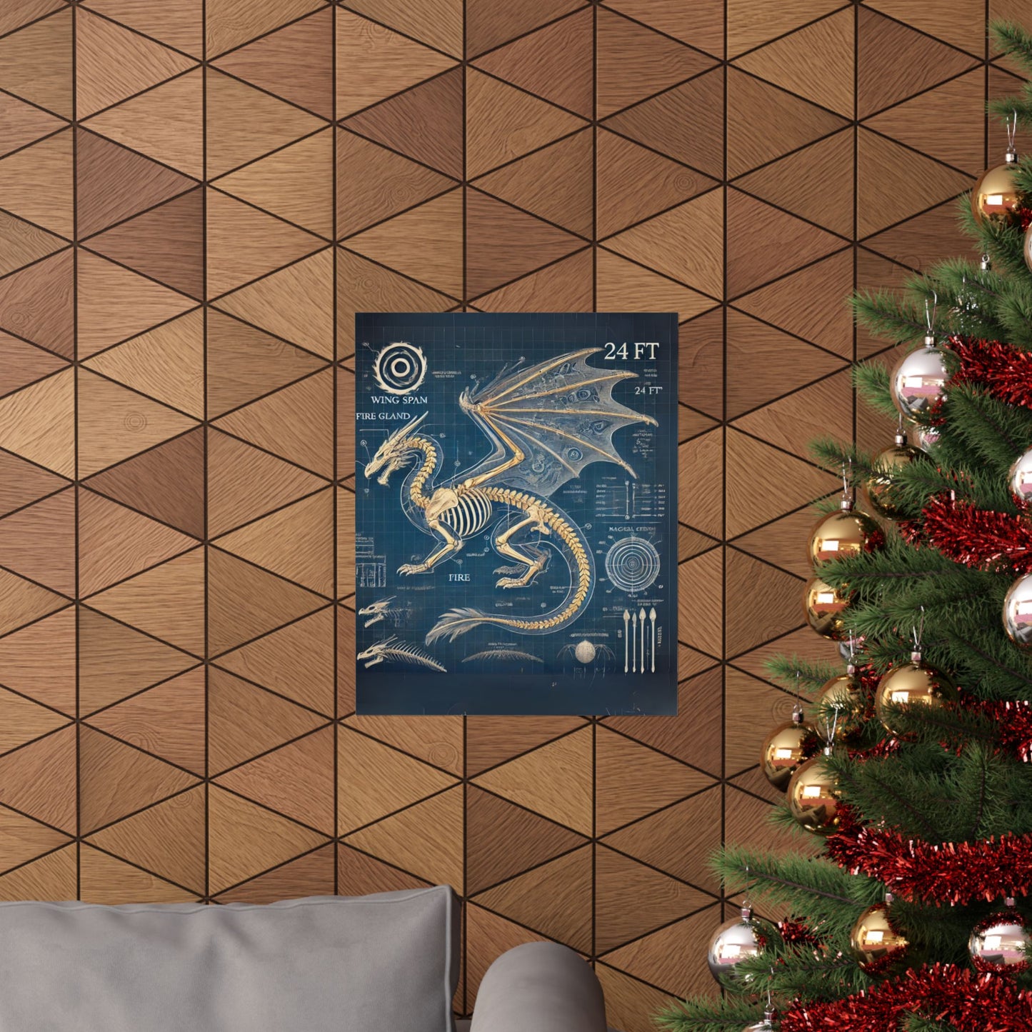 Dragon Blueprint Wall Art, Fire-Breathing Fantasy Anatomy Poster, Mythical Creature Skeleton Print, Gothic Steampunk, Gamers, Collectors