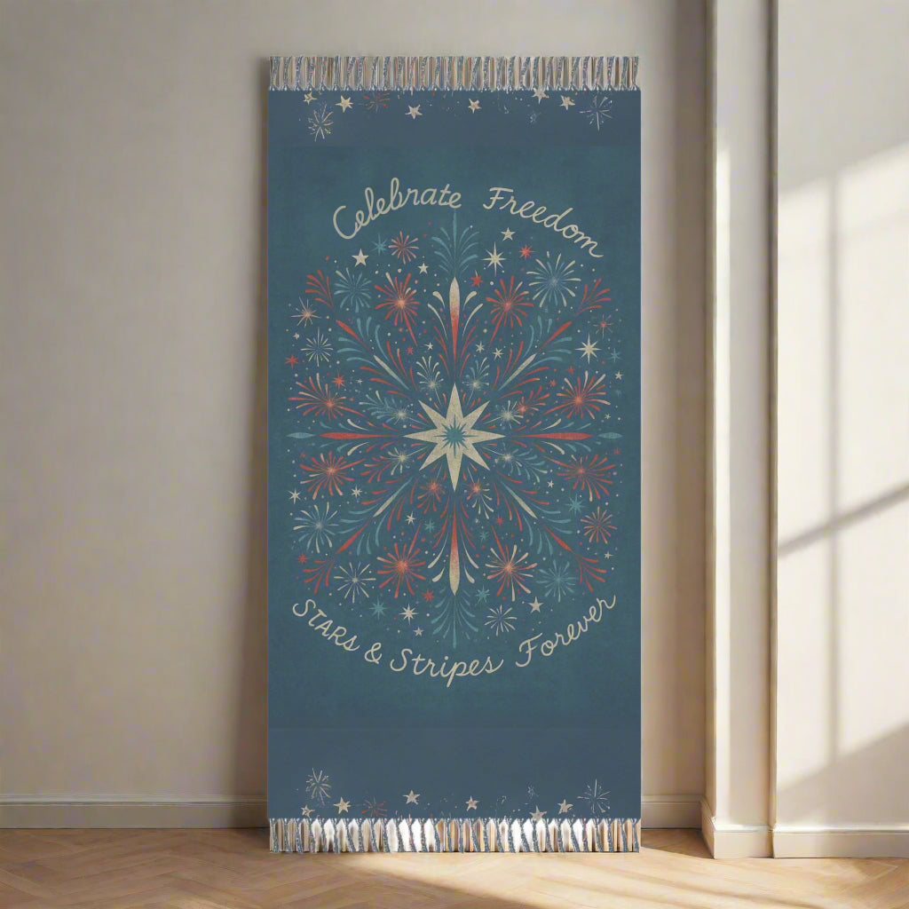 Multi-use patriotic boho blanket perfect for 4th of July wall decor, liberty-themed party banner, or Independence Day picnic setup with red white and blue details