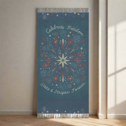 Multi-use patriotic boho blanket perfect for 4th of July wall decor, liberty-themed party banner, or Independence Day picnic setup with red white and blue details