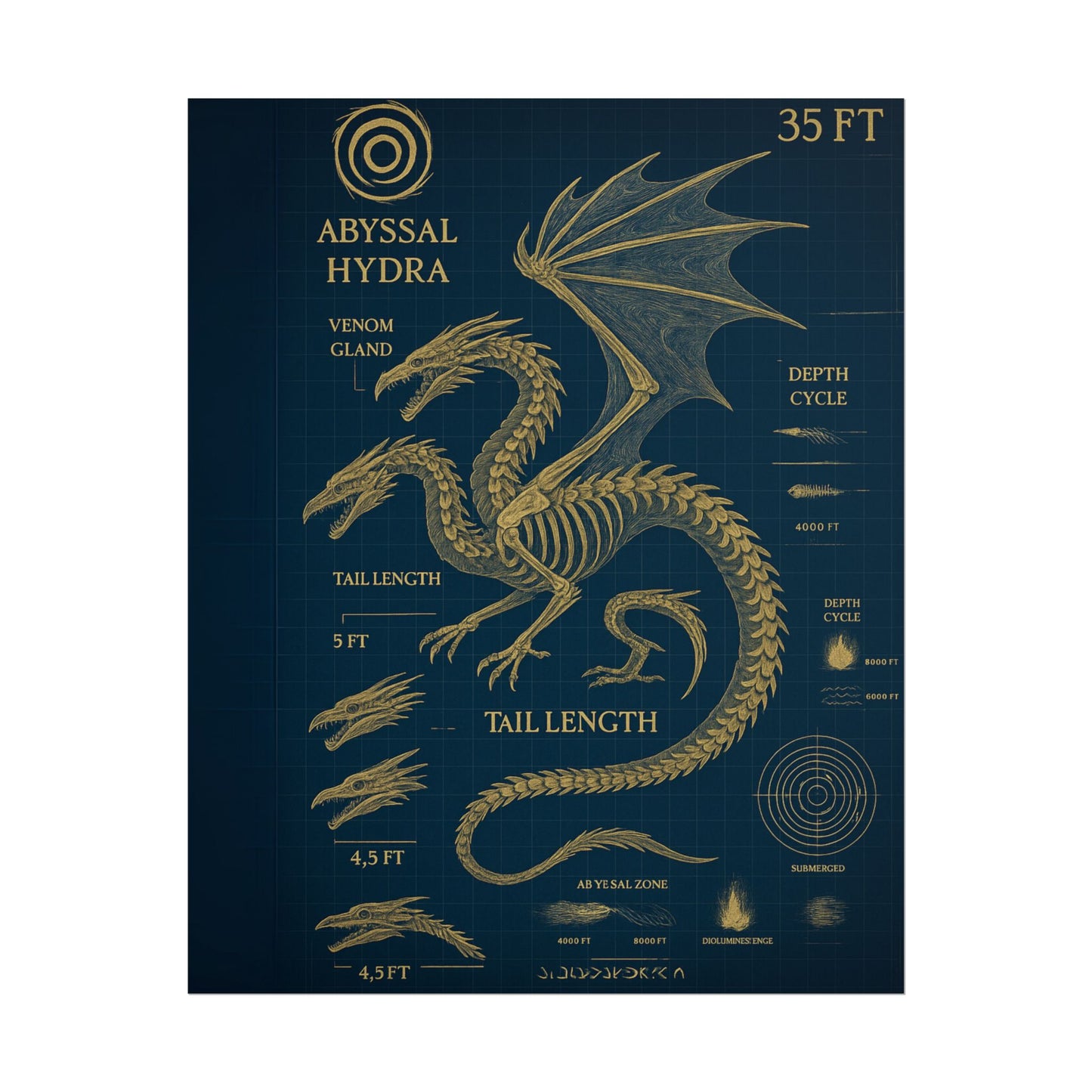 Abyssal Hydra Blueprint Wall Art, Mythical Dragon Anatomy Poster, Fantasy Sea Creature Decor, Steampunk Deep Sea Illustration, Gothic Nerd