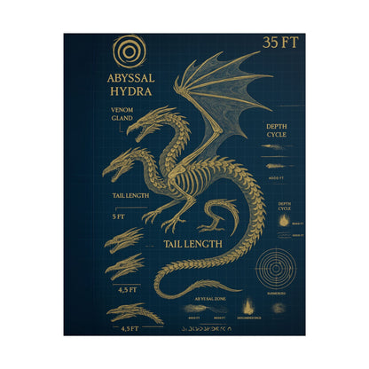 Abyssal Hydra Blueprint Wall Art, Mythical Dragon Anatomy Poster, Fantasy Sea Creature Decor, Steampunk Deep Sea Illustration, Gothic Nerd