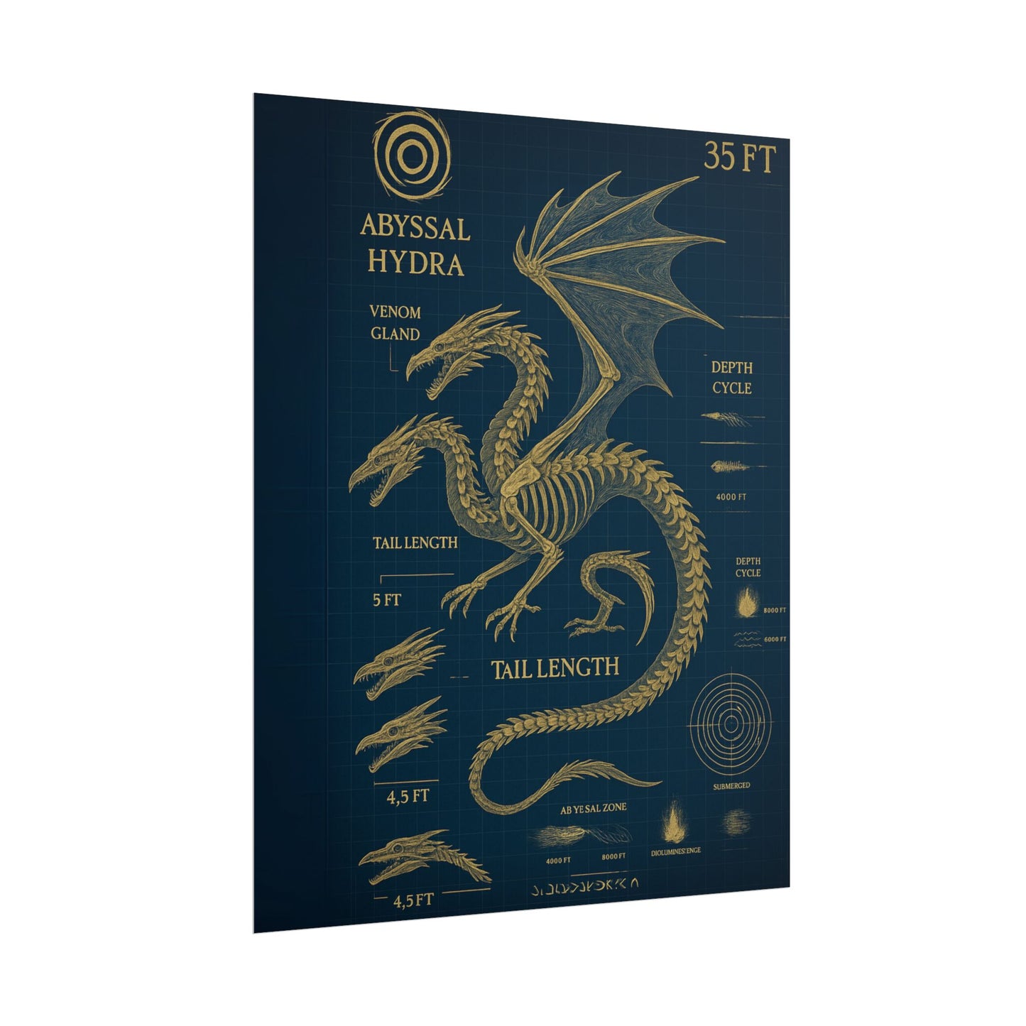 Abyssal Hydra Blueprint Wall Art, Mythical Dragon Anatomy Poster, Fantasy Sea Creature Decor, Steampunk Deep Sea Illustration, Gothic Nerd