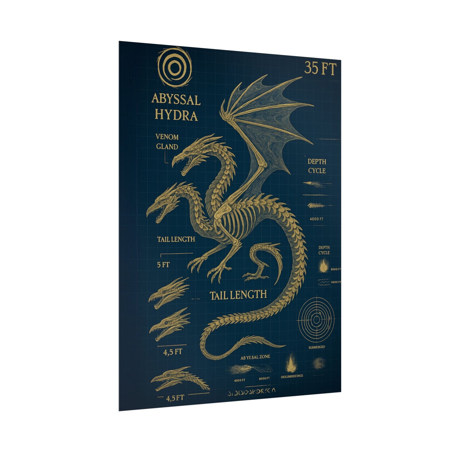 Abyssal Hydra Blueprint Wall Art, Mythical Dragon Anatomy Poster, Fantasy Sea Creature Decor, Steampunk Deep Sea Illustration, Gothic Nerd