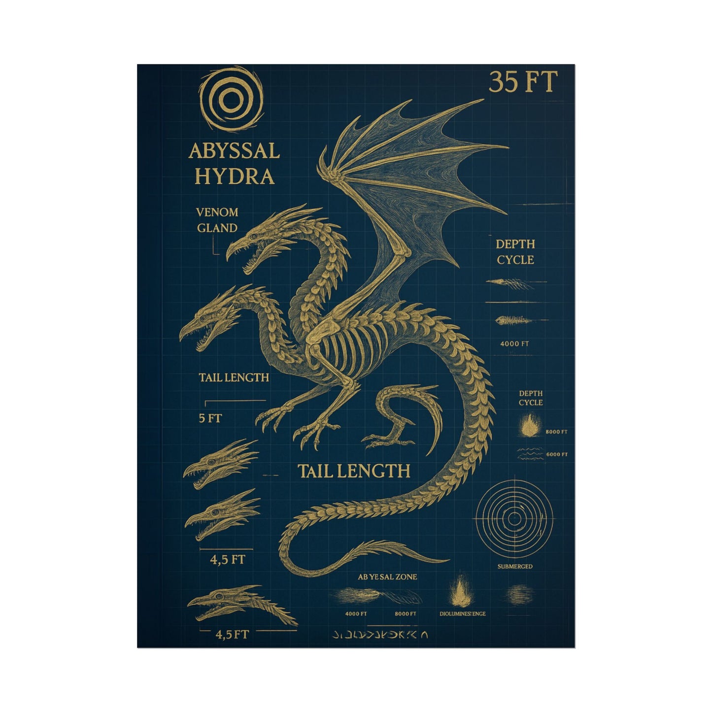 Abyssal Hydra Blueprint Wall Art, Mythical Dragon Anatomy Poster, Fantasy Sea Creature Decor, Steampunk Deep Sea Illustration, Gothic Nerd