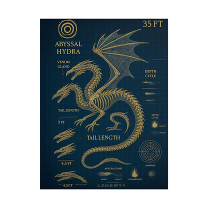 Abyssal Hydra Blueprint Wall Art, Mythical Dragon Anatomy Poster, Fantasy Sea Creature Decor, Steampunk Deep Sea Illustration, Gothic Nerd
